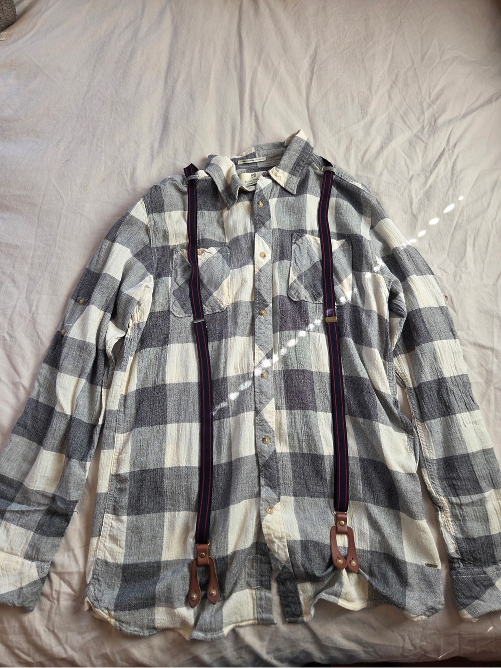 Scotch & Soda Black and White Plaid Button-Down Shirt with Suspenders
